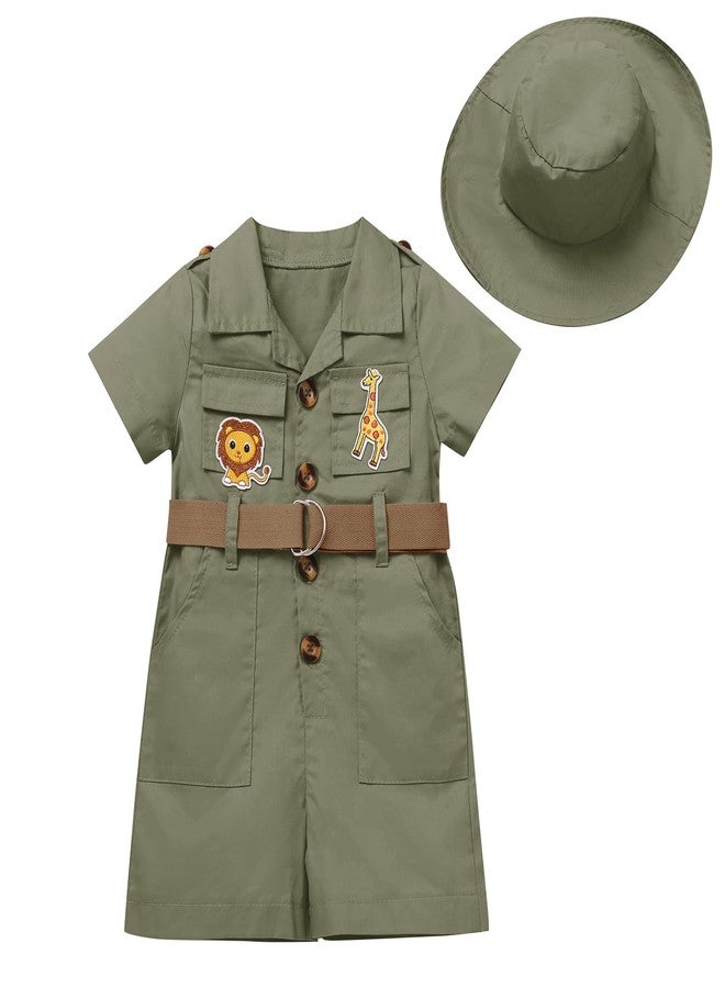 ODOLDI Baby Safari Outfit Wild One Birthday Outfit Girl Short Sleeve Safari Jumpsuit with Hat Toddler Zoo Keeper Army green 18-24 Months - Image 1